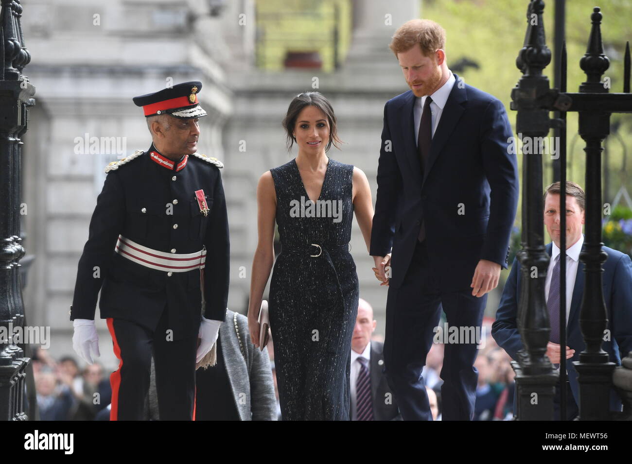 Prince Harry and Meghan Markle arrive at a memorial service at St Martin-in-the-Fields in Trafalgar Square, London, to commemorate the 25th anniversary of the murder of Stephen Lawrence. Stock Photo