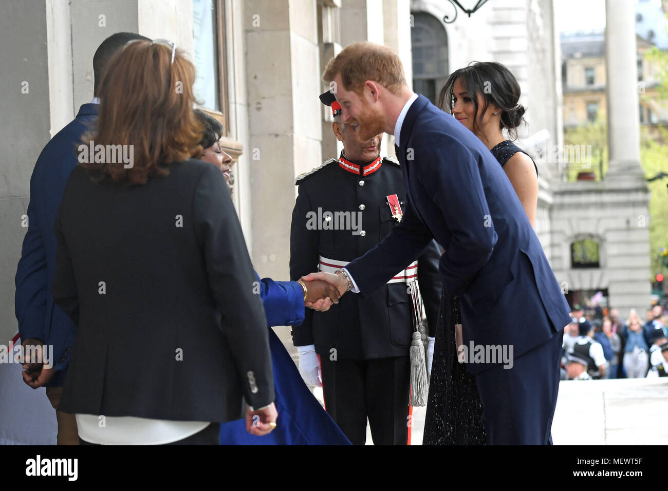 Prince Harry and Meghan Markle meet Baroness Lawrence and her son Stuart before a memorial service at St Martin-in-the-Fields in Trafalgar Square, London, to commemorate the 25th anniversary of the murder of Stephen Lawrence. Stock Photo