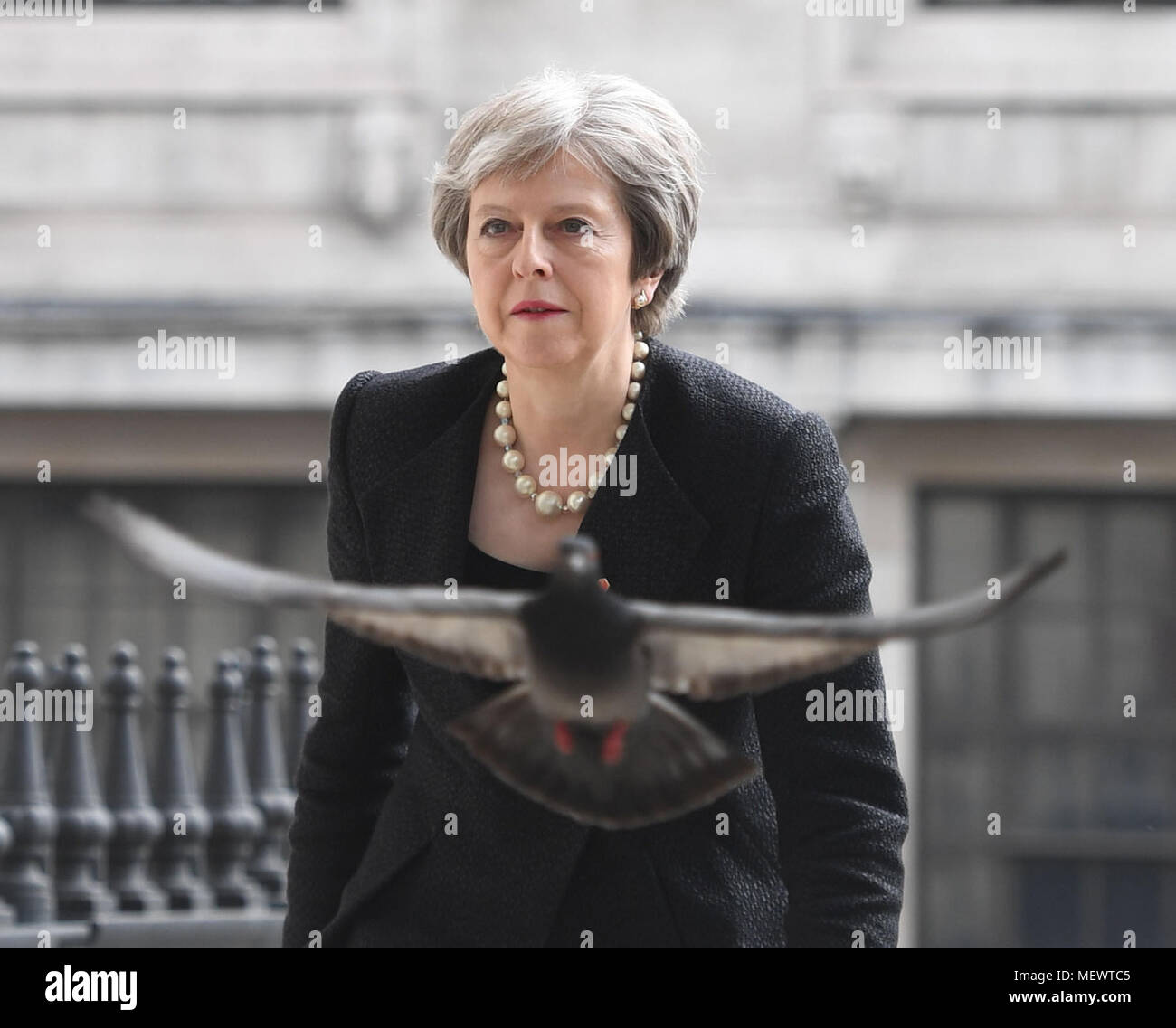 Prime Minister Theresa May arrives at a memorial service at St Martin-in-the-Fields in Trafalgar Square, London, to commemorate the 25th anniversary of the murder of Stephen Lawrence. Stock Photo