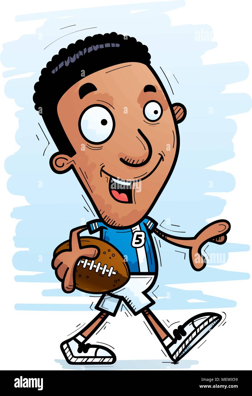 A cartoon illustration of a black man football player walking Stock