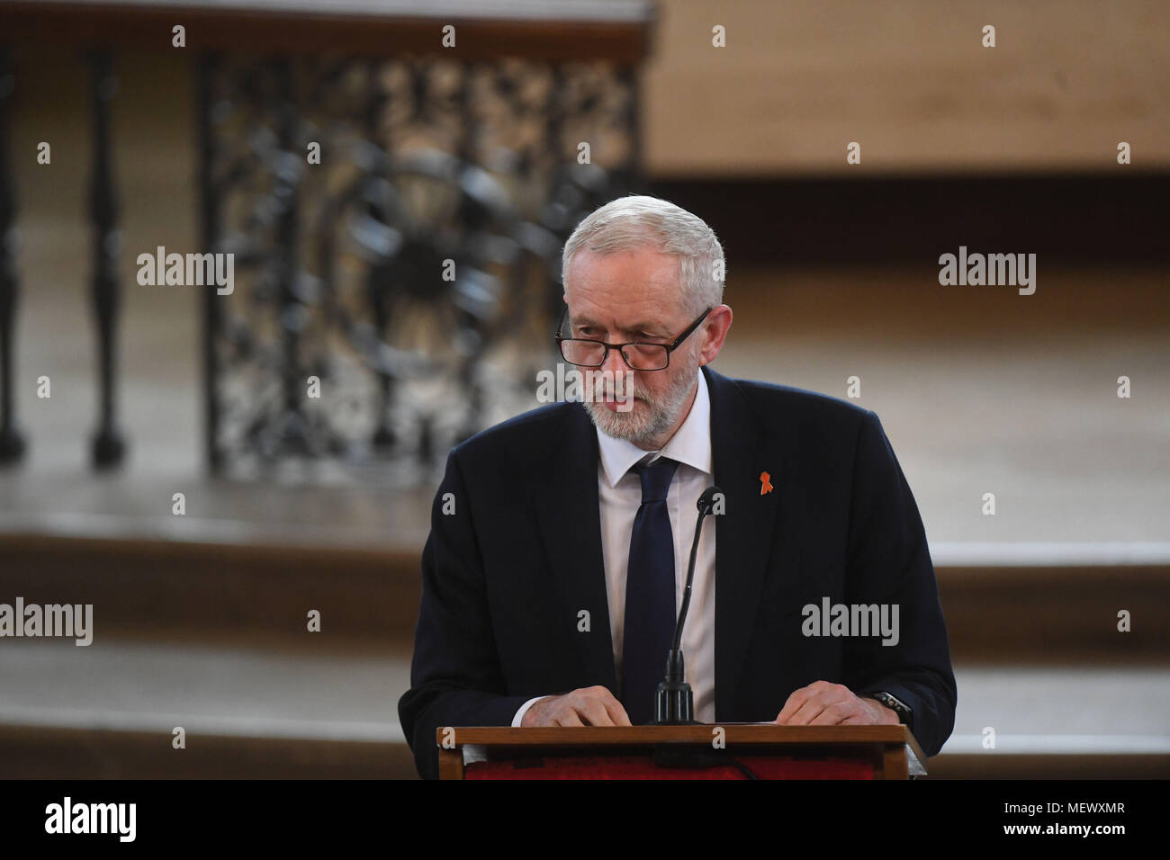 Labour leader Jeremy Corbyn speaking during the memorial service at St Martin-in-the-Fields in Trafalgar Square, London to commemorate the 25th anniversary of the murder of Stephen Lawrence. Stock Photo