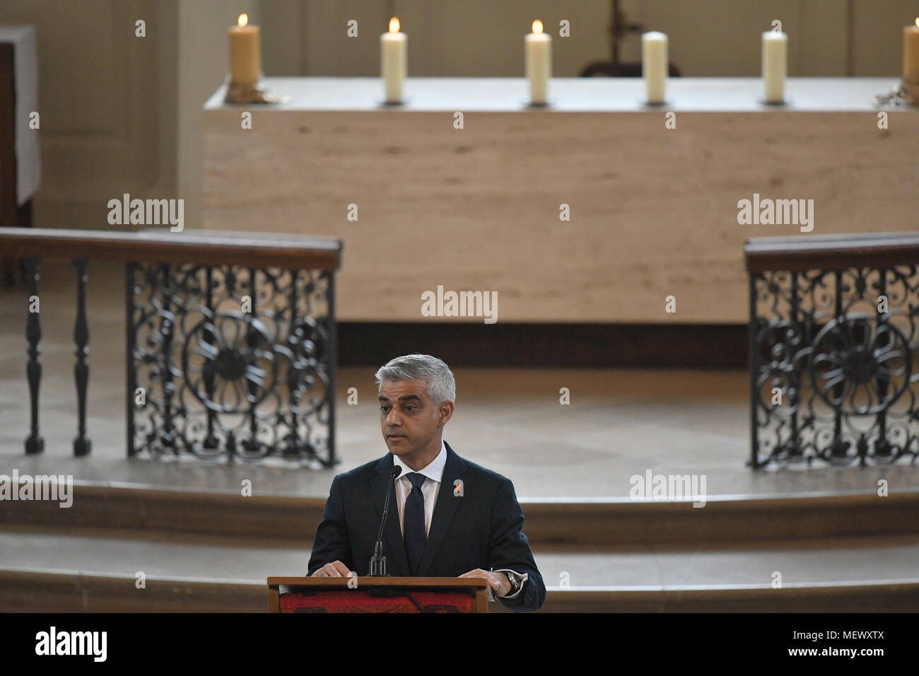 Mayor of London Sadiq Khan speaking during the memorial service at St Martin-in-the-Fields in Trafalgar Square, London to commemorate the 25th anniversary of the murder of Stephen Lawrence. Stock Photo