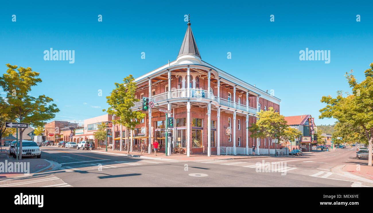 Beautiful view of the historic city center of Flagstaff on sunny day with blue sky in summer, northern Arizona, American Southwest, USA Stock Photo
