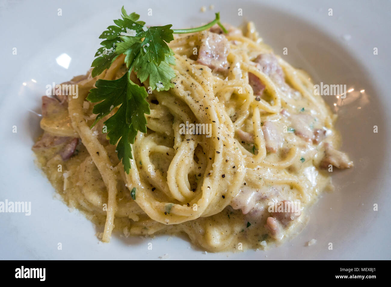 A close up view of a bowl of Spaghetti Carbonara garnished wiht a sprig of parsely. Stock Photo