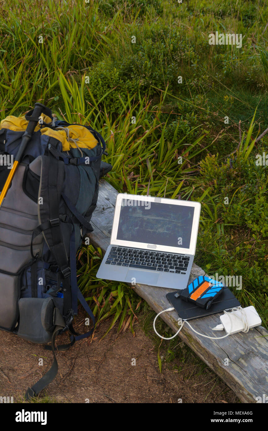 portable technology, solar panel, tablet, laptop and backpack in a