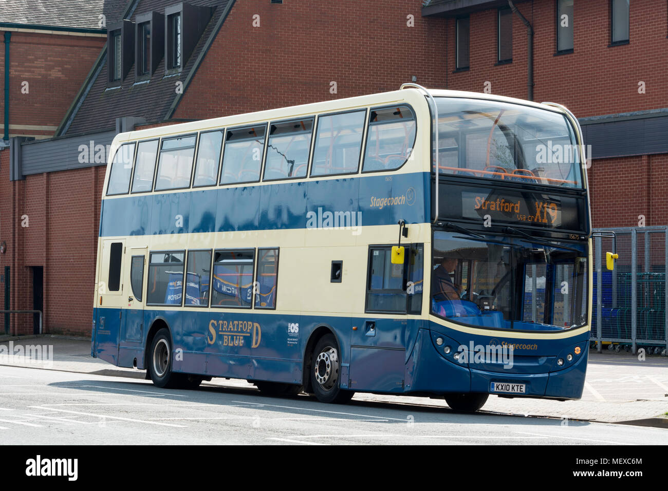 A Stagecoach bus in retro Stratford Blue livery, Stratford-upon-Avon, UK Stock Photo