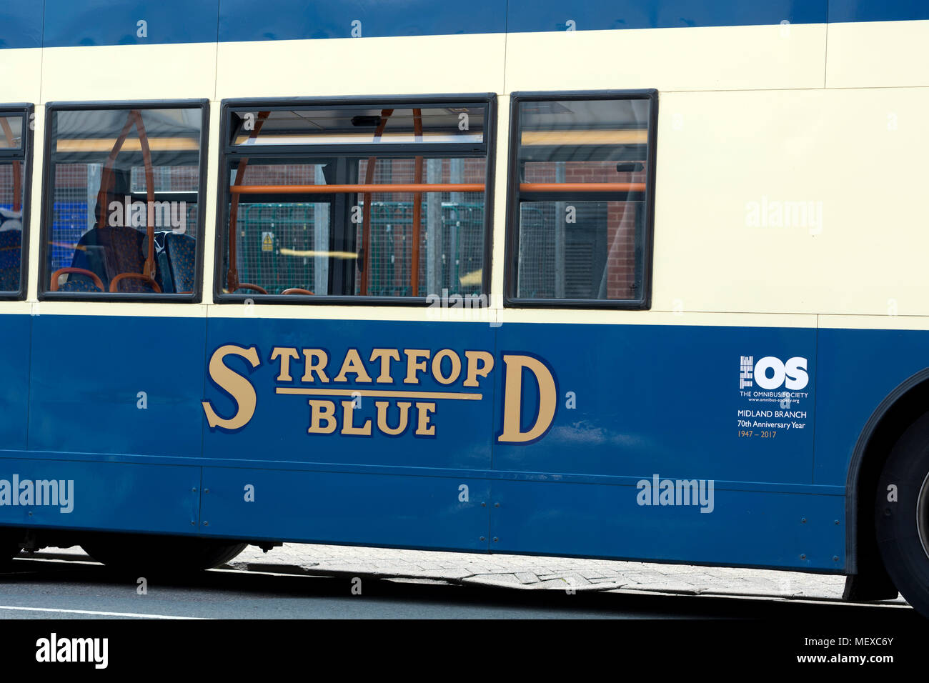 A Stagecoach bus in retro Stratford Blue livery, Stratford-upon-Avon, UK Stock Photo