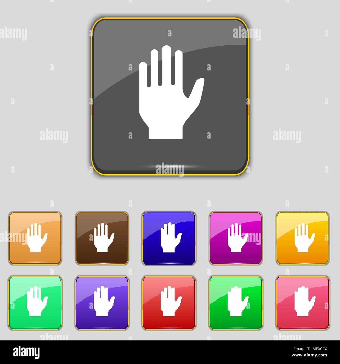Hand print sign icon. Stop symbol. Set colour buttons. Vector ...