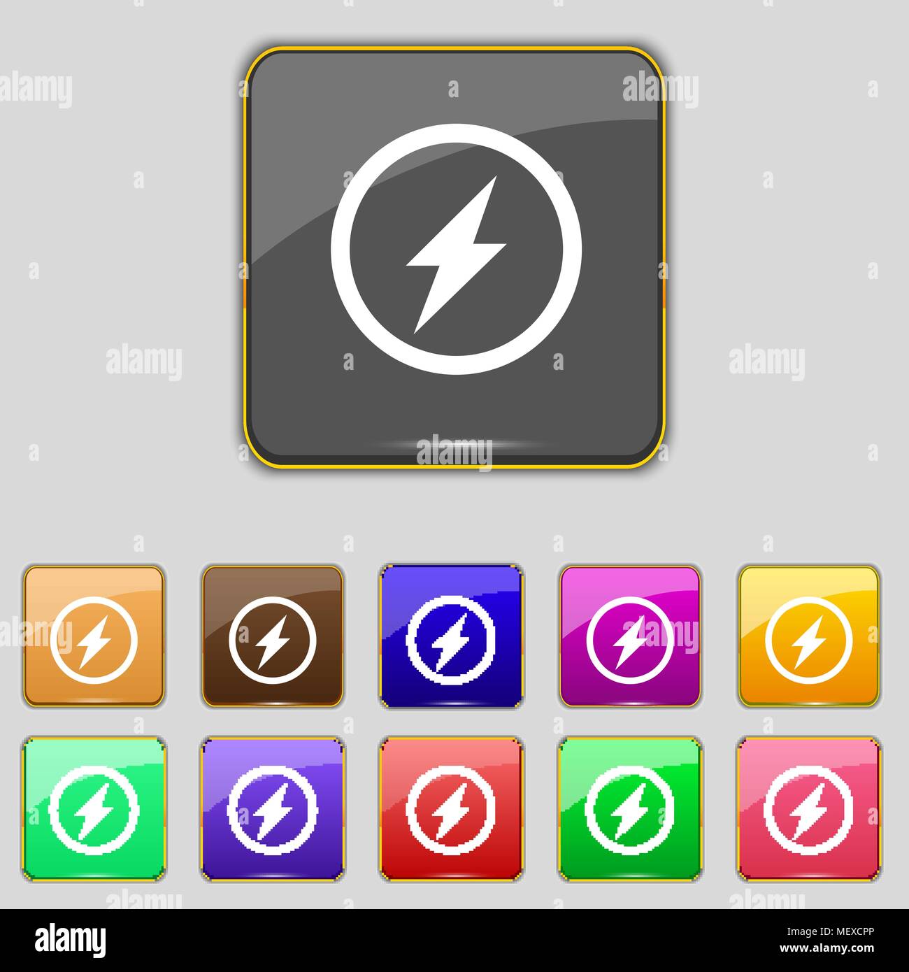 Photo flash sign icon. Lightning symbol. Set of colour buttons. Vector ...