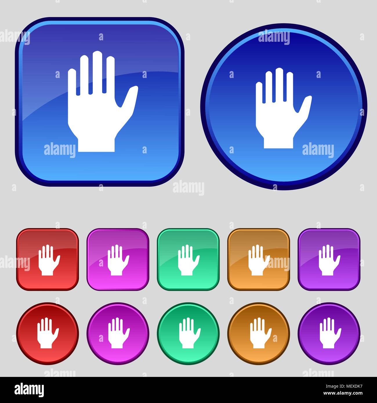 Hand print sign icon. Stop symbol. Set colour buttons. Vector ...