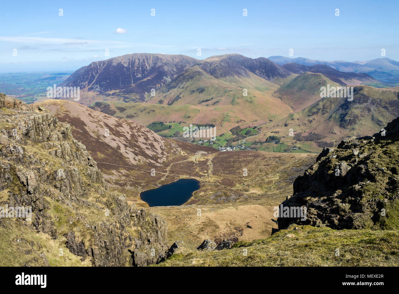 Bleaberry Tarn and the View Over Buttermere Village Towards Grasmoor From Chapel Crags on the Red Pike to High Stile Ridge, Lake District, Cumbria Stock Photo