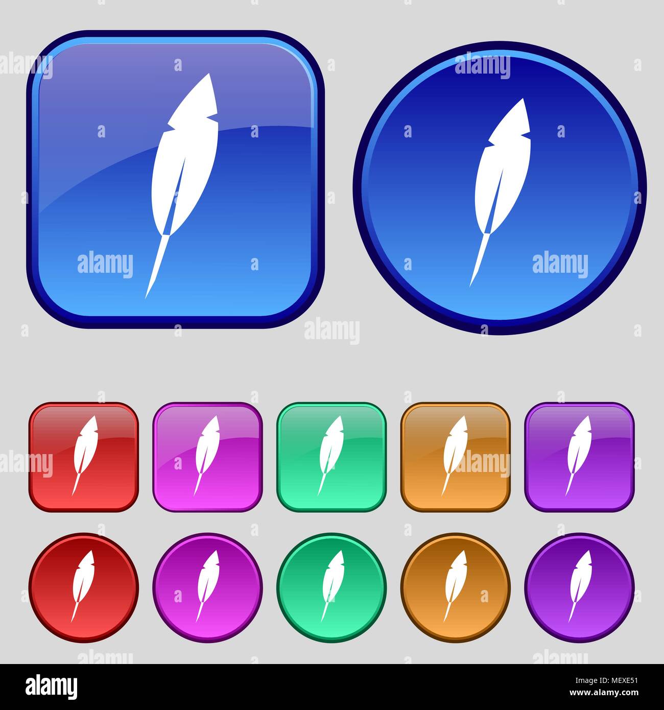 Feather sign icon. Retro pen symbol. Set of colored buttons Vector ...