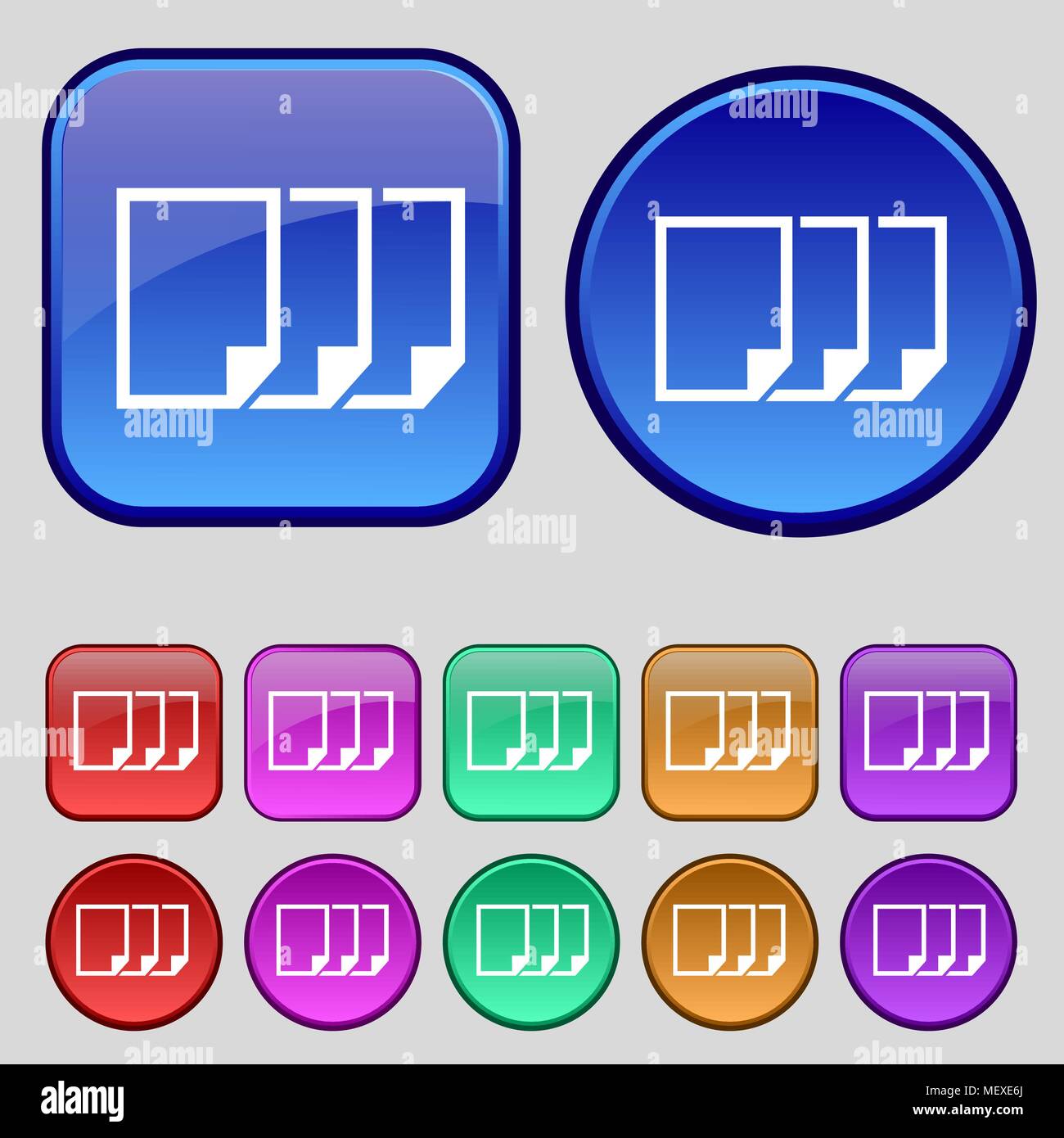 Copy file sign icon. Duplicate document symbol. Set of colored buttons ...