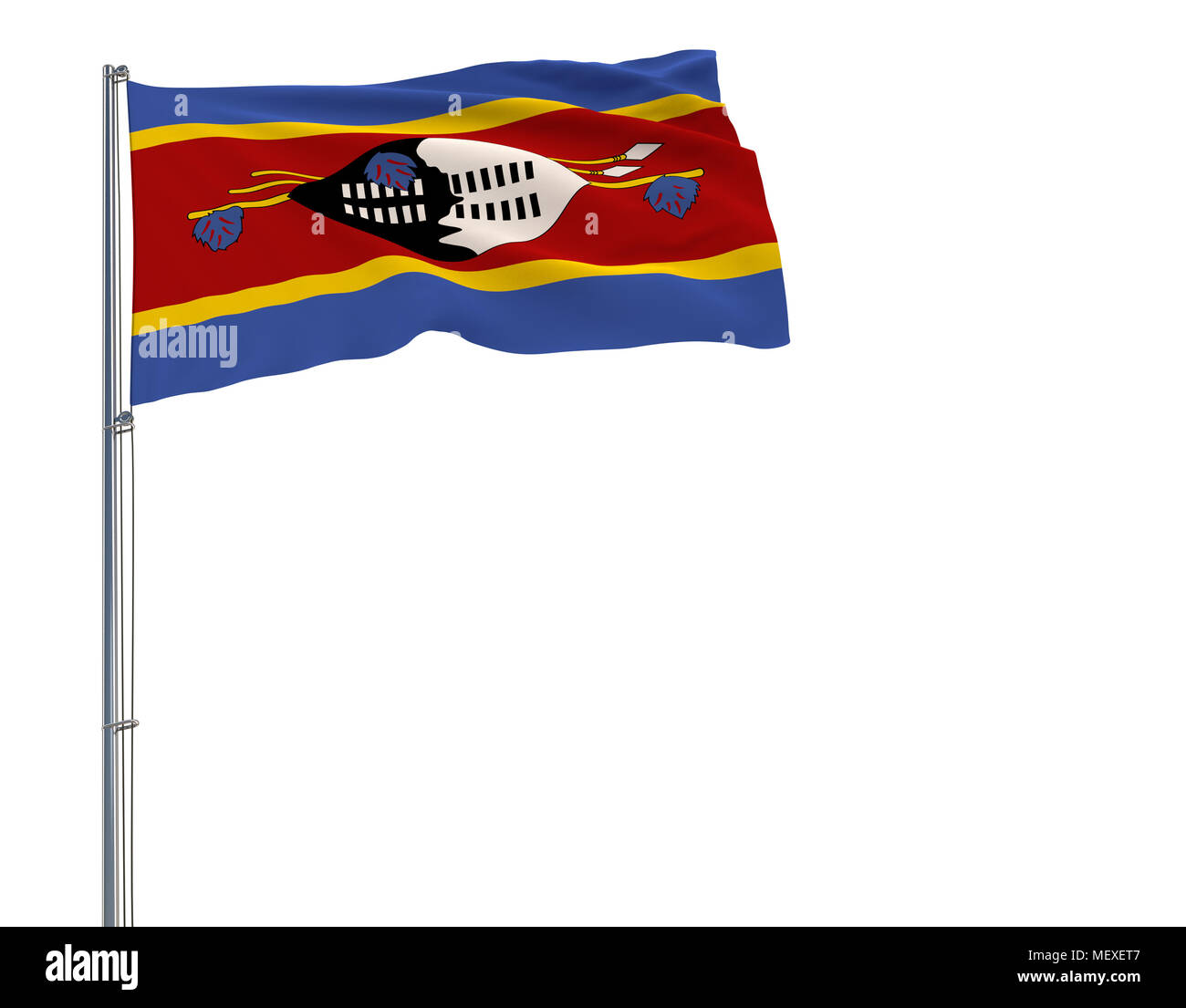 Isolate flag of Kingdom of eSwatini - Swaziland on a flagpole fluttering in the wind on a white background, 3d rendering Stock Photo