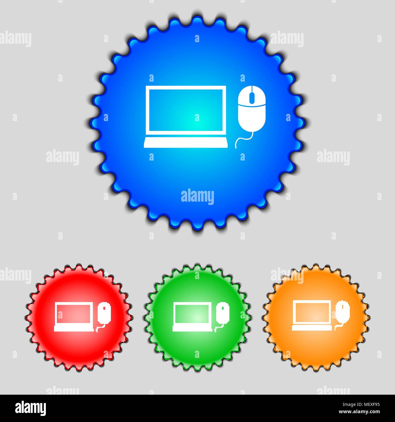 Computer widescreen monitor, mouse sign icon. Set colourful buttons ...