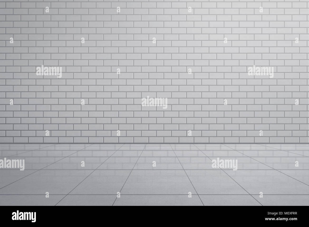 White brick wall with tile floor inside room Stock Photo - Alamy