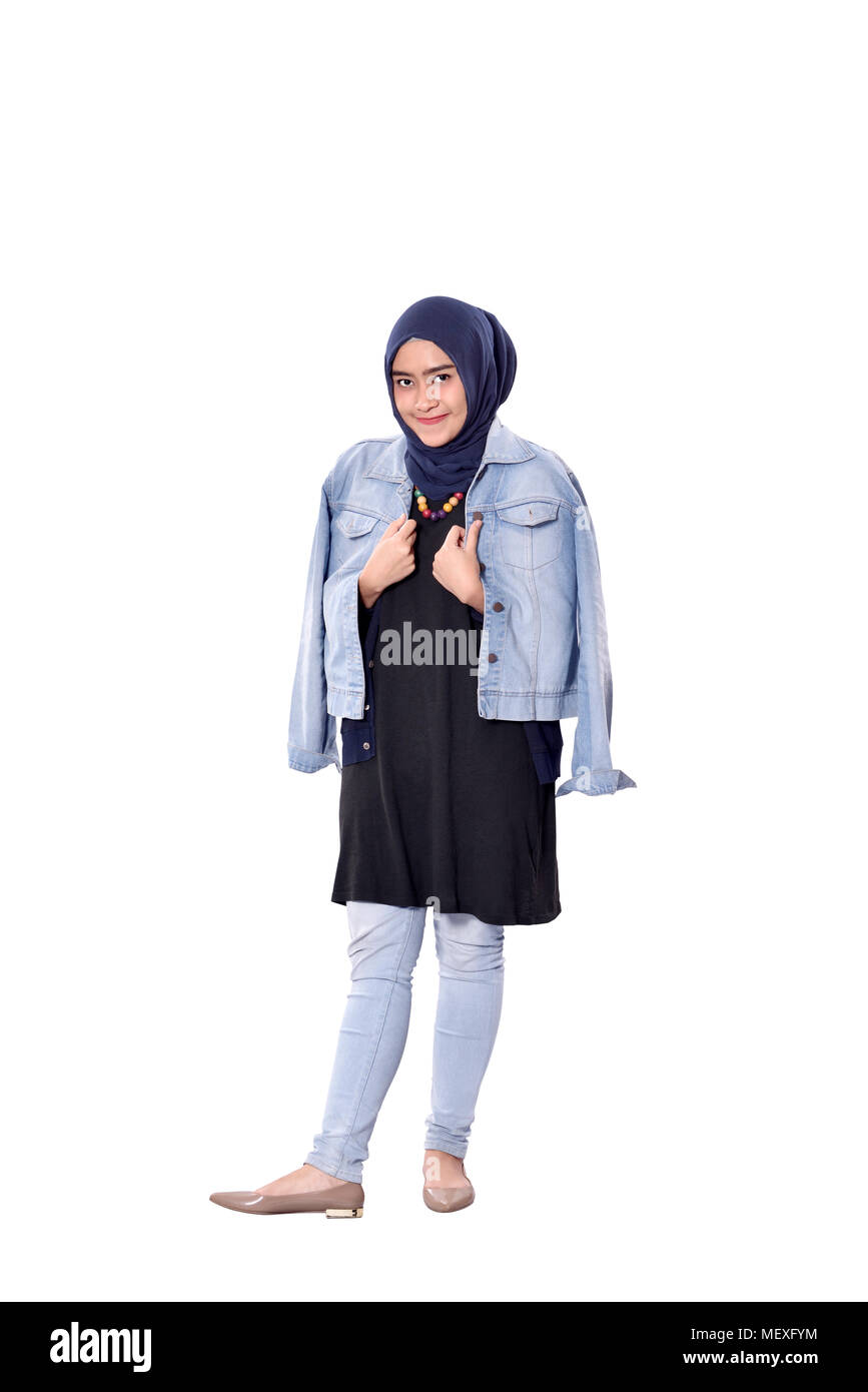 Smiling asian muslim woman with jeans jacket standing isolated over white  background Stock Photo - Alamy