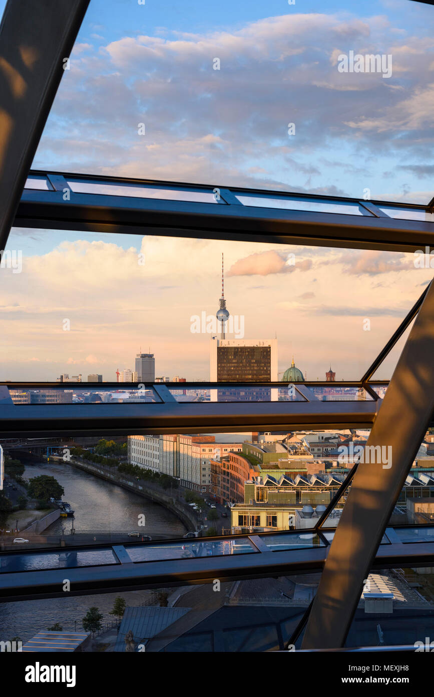 Berlin. Germany. View looking east of the Berlin skyline from the Reichstag dome towards the Fernsehturm (TV tower) on Alexanderplatz, Mitte. The view Stock Photo