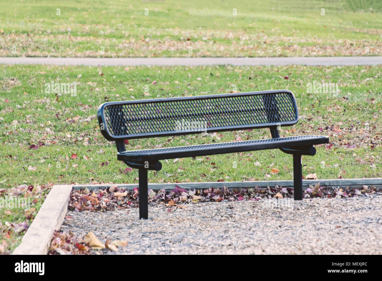 a park bench in an empty park on a fall morning Stock Photo