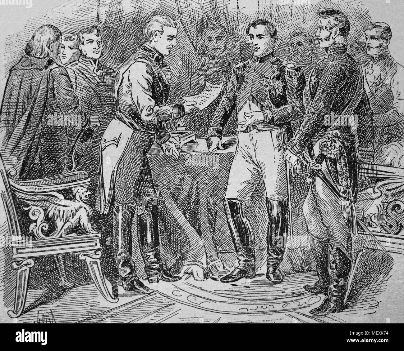 Congress of Erfurt. Meeting bewteen Emperor Napoleon of France and Emperor of Russia Alexander I. 27 Sep-14 Oct. 1808. Engraving. Stock Photo