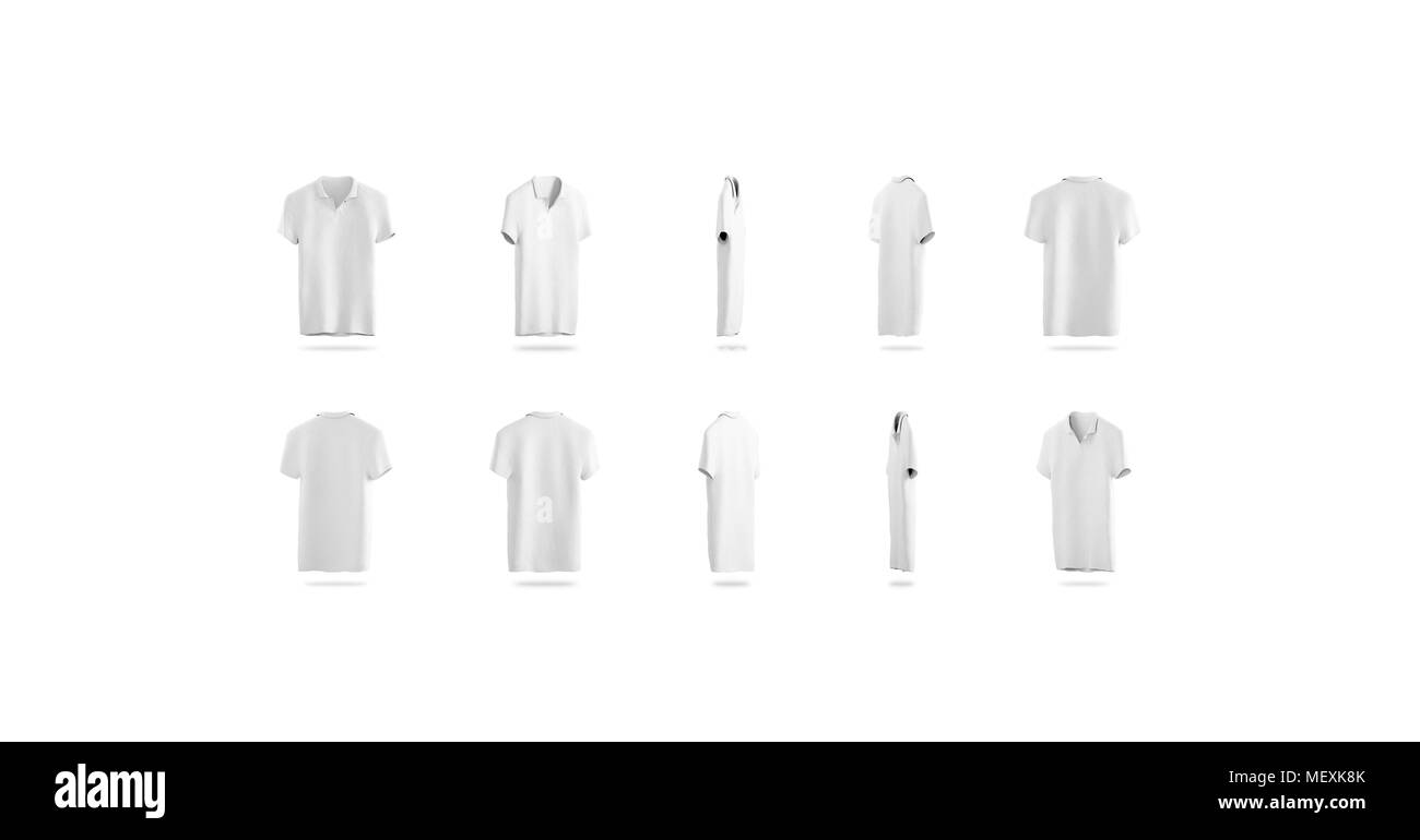 Blank white polo rotation different sides, isolated, 3d rendering. Empty sport t-shirt uniform mockup. Plain clothing design template. Cotton clear dr Stock Photo