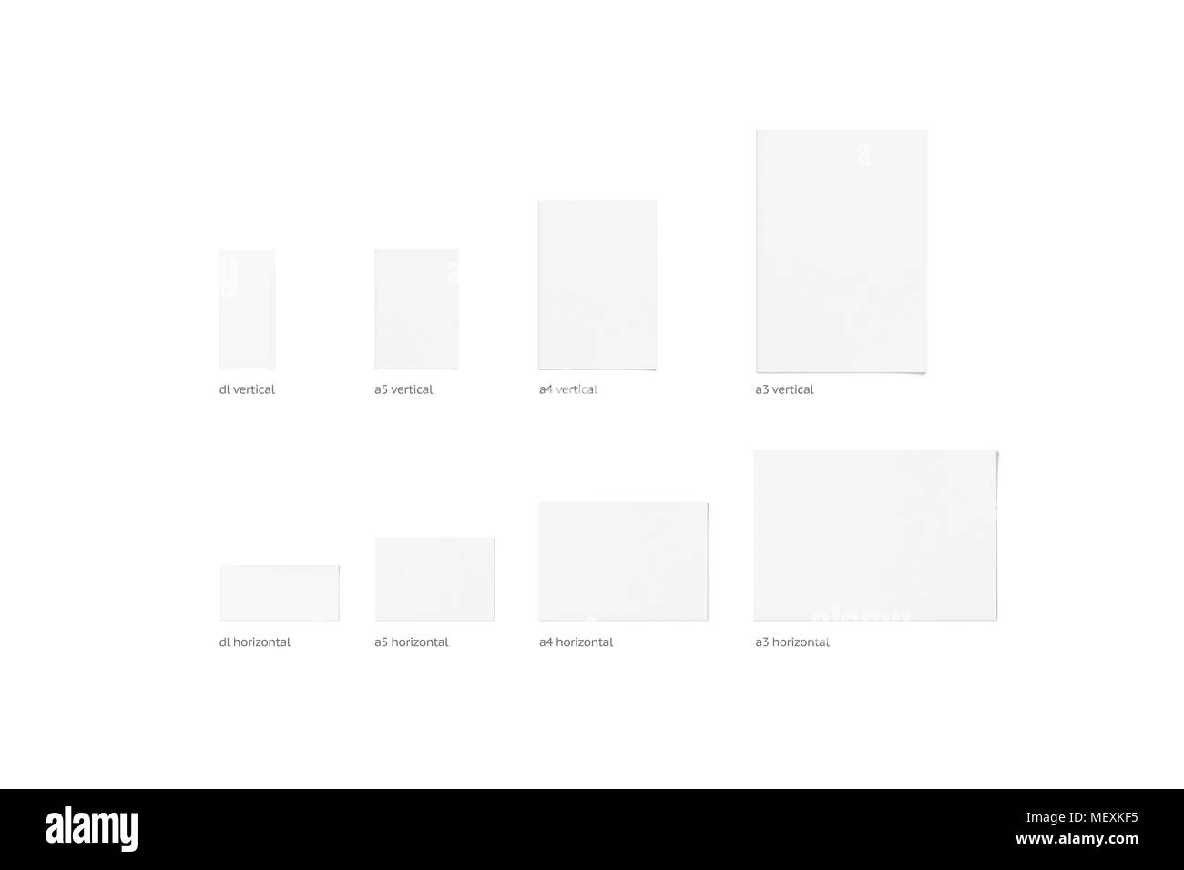 BLank white vertical and horizontal different size flyers, isolated, 3d rendering. Clear empty brochures mockups set top view. Book cover and flier in Stock Photo