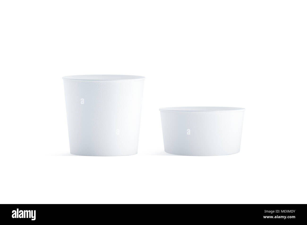 Blank white big and small food bucket mockup set, isolated 3d rendering. Empty pail fastfood front side view. Paper chicken bucketful design mock up.  Stock Photo