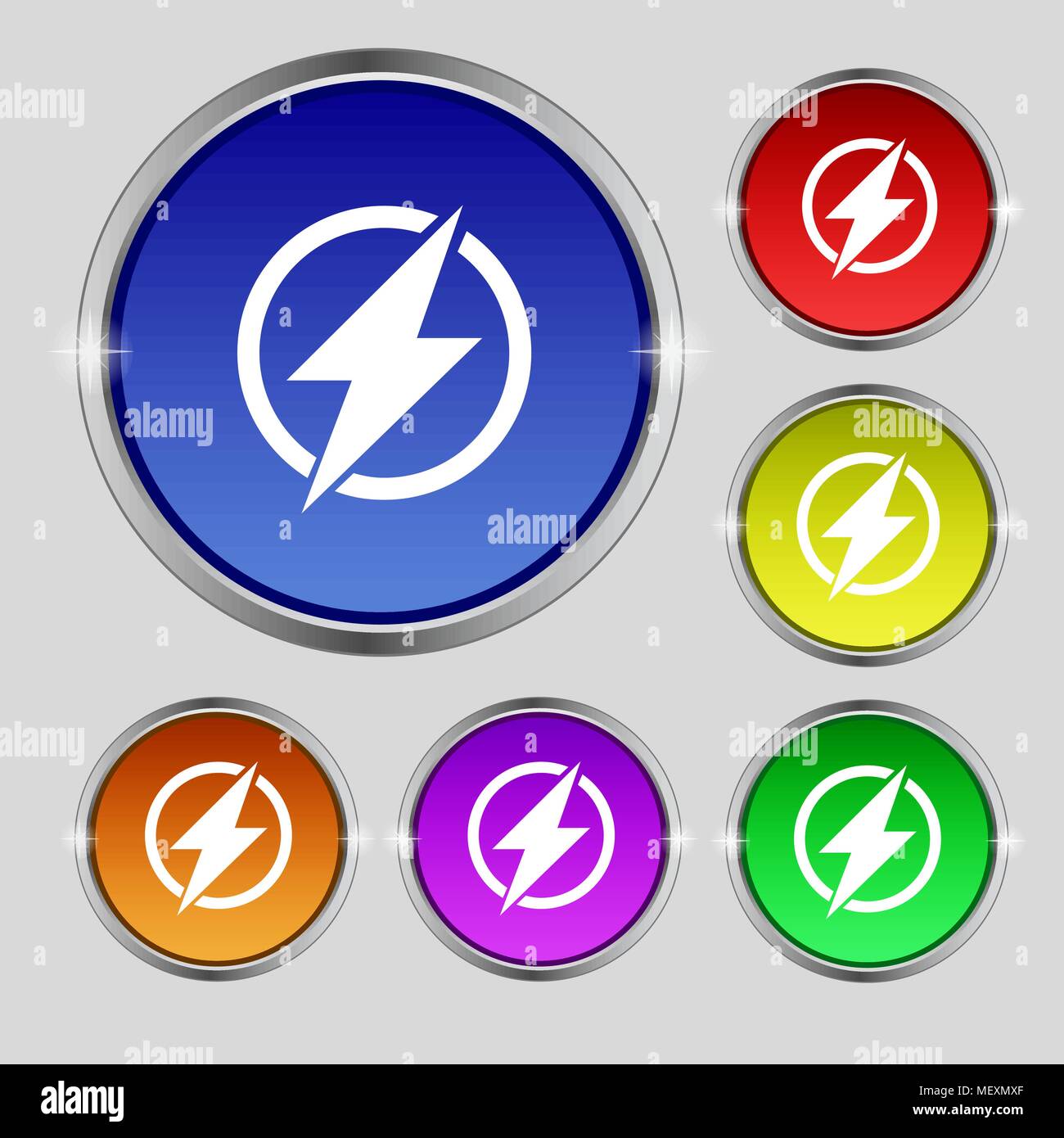 Photo flash sign icon. Lightning symbol. Set of colour buttons. Vector ...