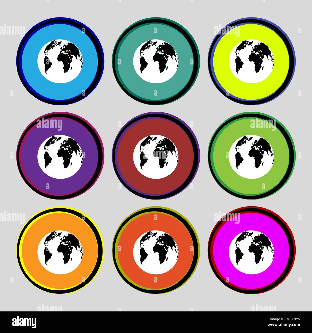 Globe sign icon. World map geography symbol. Set colourful buttons ...