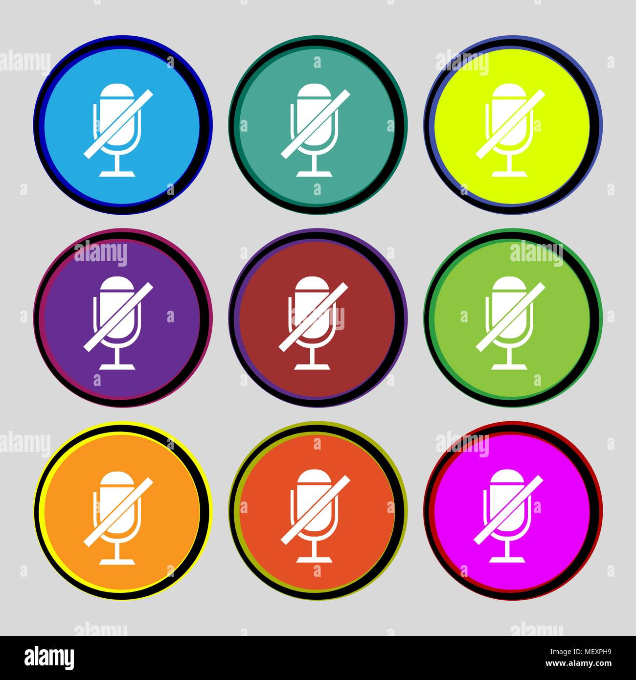 No Microphone sign icon. Speaker symbol. Set colourful buttons. Vector