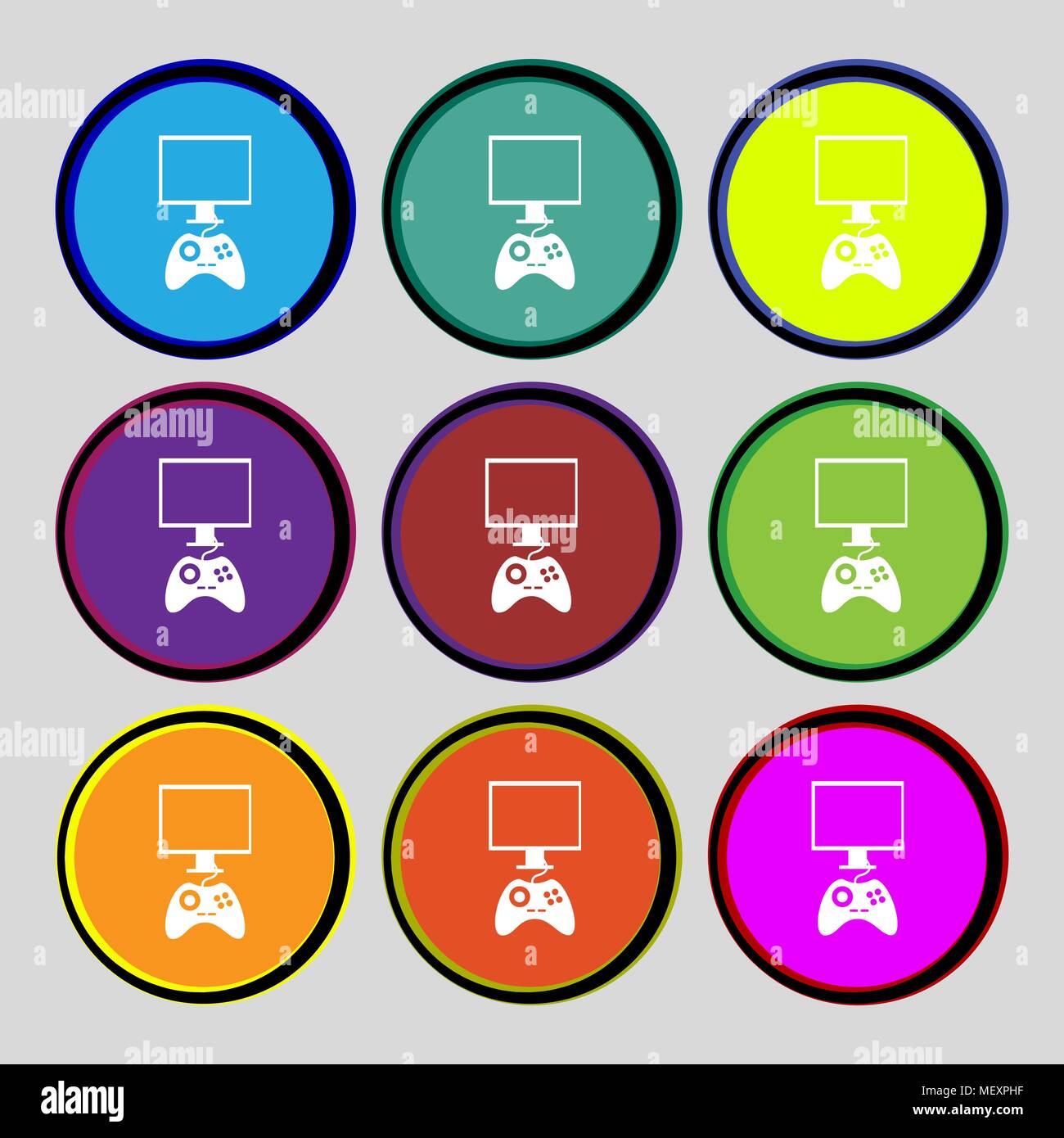 Joystick and monitor sign icon. Video game symbol. Set colourful ...