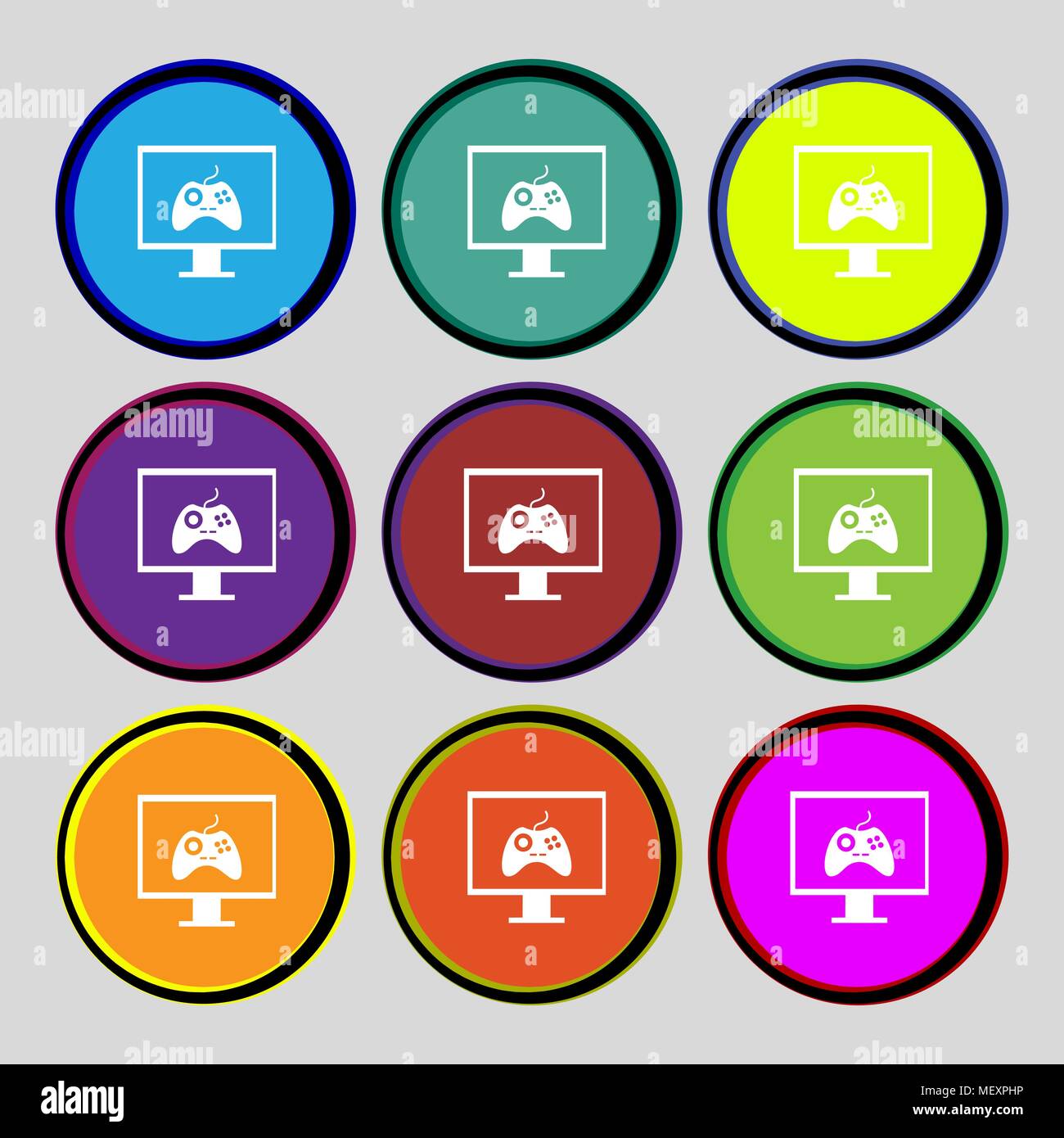Joystick and monitor sign icon. Video game symbol. Set colourful ...