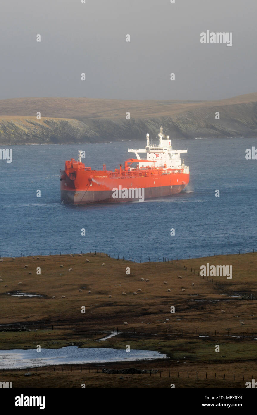 Oil Tanker anchored off the coast of Shetland waiting for orders Stock Photo