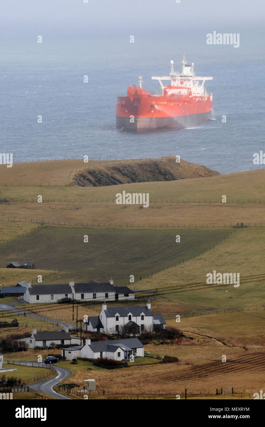 Oil Tanker anchored off the coast of Shetland waiting for orders Stock Photo