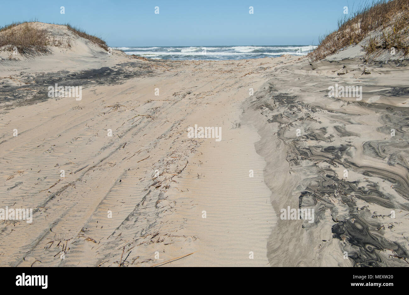 Off Road Beach Access:  A clearing for recreational vehicles passes between sand dunes and opens to the beach at Cape Hatteras National Seashore. Stock Photo