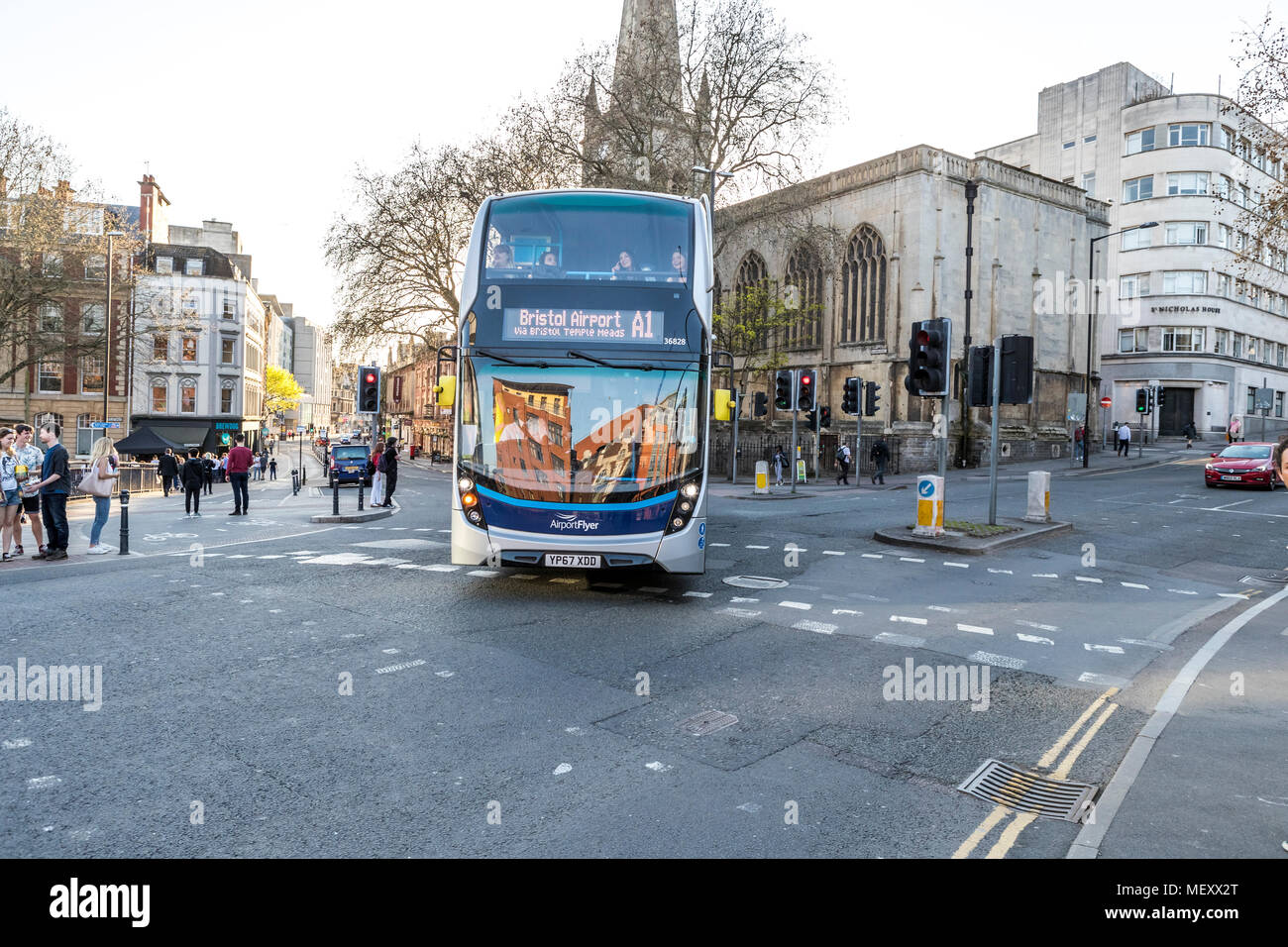 Bath Street buildings reflected in the windscreen of a city bus. Bristol. Bristol Project Stock