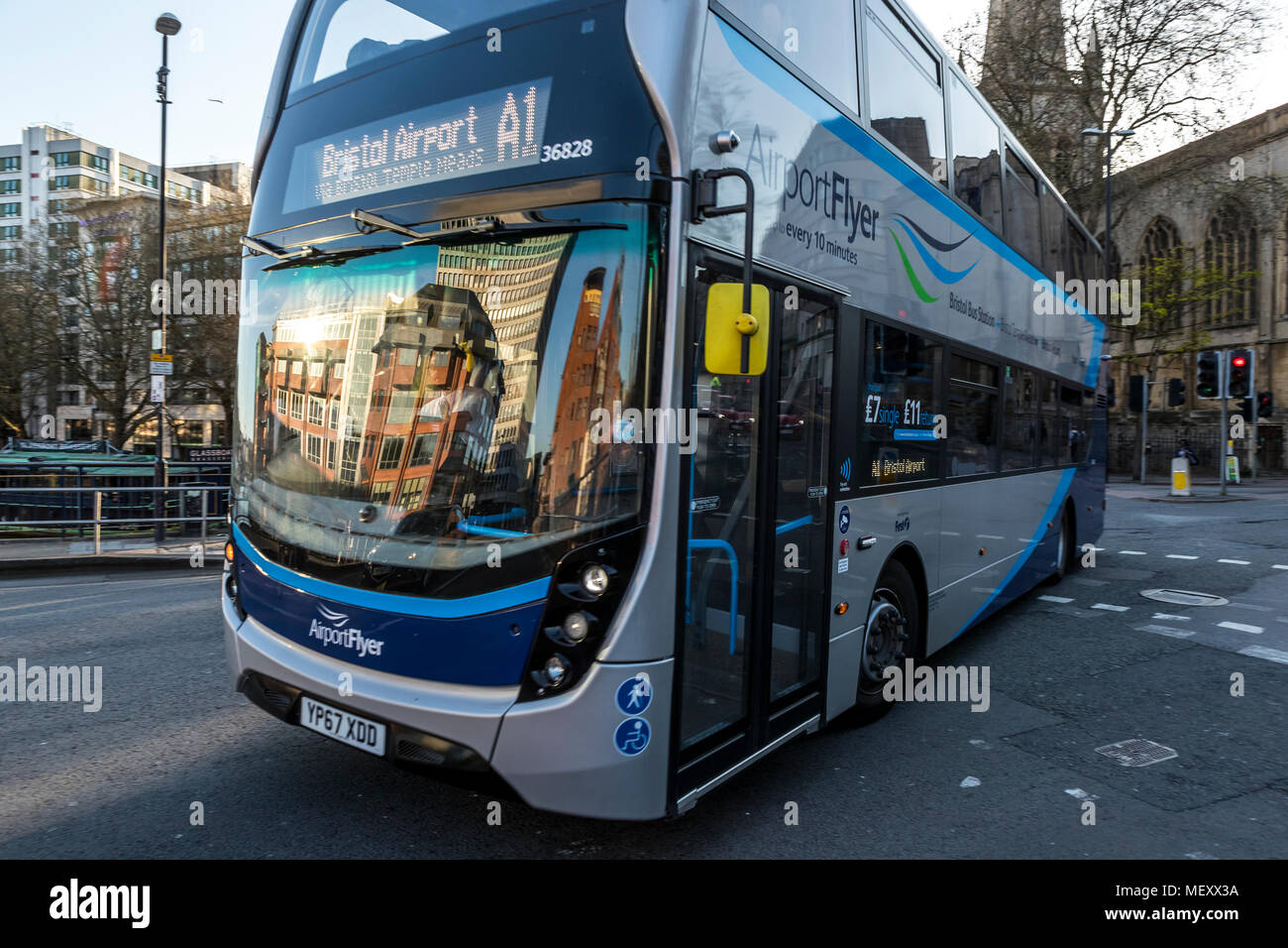 Bath Street buildings reflected in the windscreen of a city bus. Bristol. Bristol Project Stock