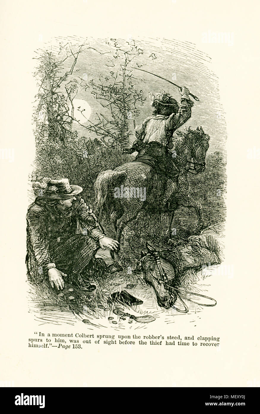 The caption for this illustration that dates to around 1865 reads: In a moment Colbert sprung upon the robber's steed, and clapping spurs to him, was out of sight before the thief had time to recover himself. Jean Baptiste Colbert was the comptroller (minister) of finance from 1665 and secretary of the navy form 1668 under King Louis XIV of France. It was said at age 15, when working for his father, he took a short way home, and was held up by a robber. Resourcefully, he threw some coins on the ground and got off his horse. The robber went ot collect the coins, Colbert mounted the steed and to Stock Photo