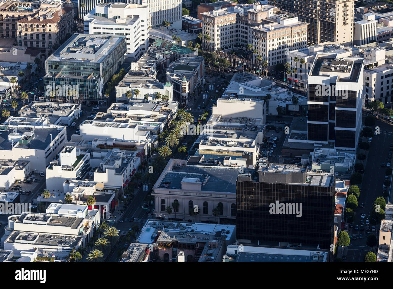Beverly Hills, California, USA - April 18, 2018:  Afternoon aerial view of the famous Rodeo Drive shopping district near Wilshire Blvd. Stock Photo