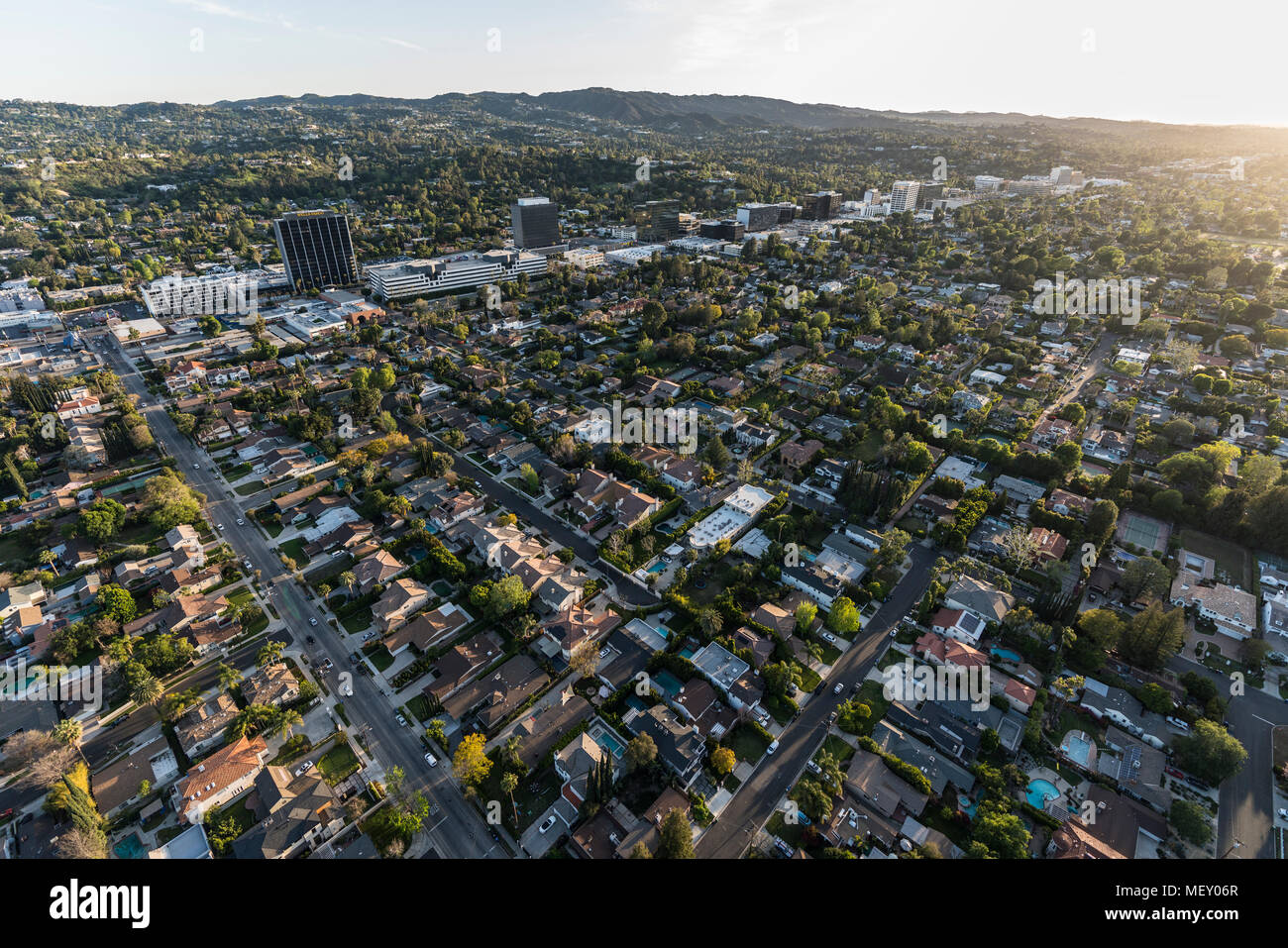 Los Angeles, California, USA - April 18, 2018:  Afternoon aerial view of Sherman Oaks and Encino in the San Fernando Valley. Stock Photo