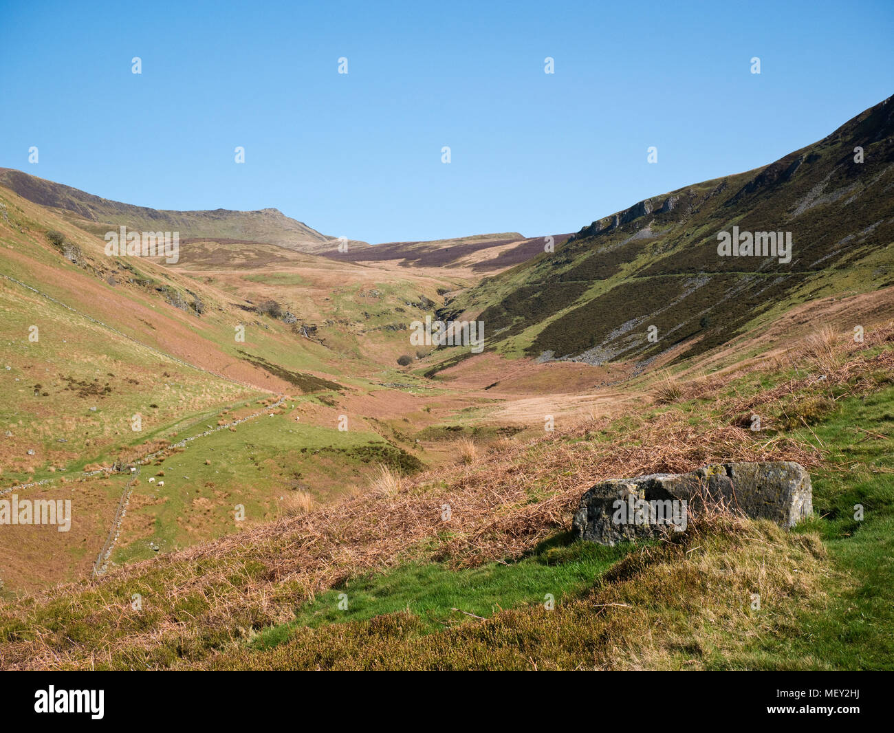View up Nant y Llyn valley to the summits of Cadair Berwyn and Moel Sych in Wales' Berwyn Mountains. The crags of Cerrig Poethion rise on the right Stock Photo