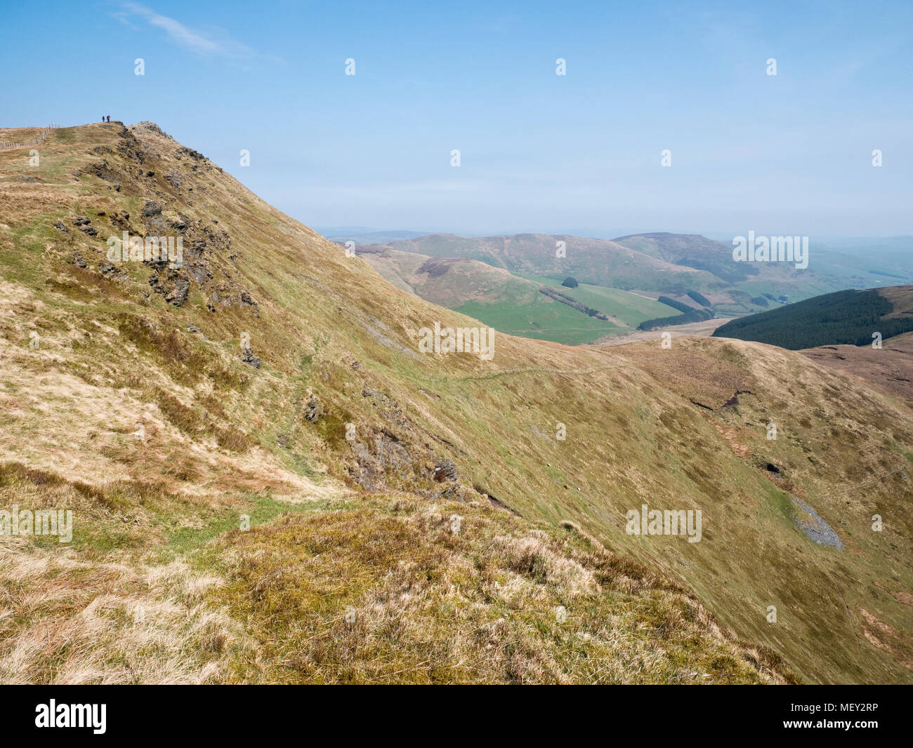 View past the summit of Cadair Berwyn, over Moel yr Ewig into Cwm Maen Gwynedd Stock Photo