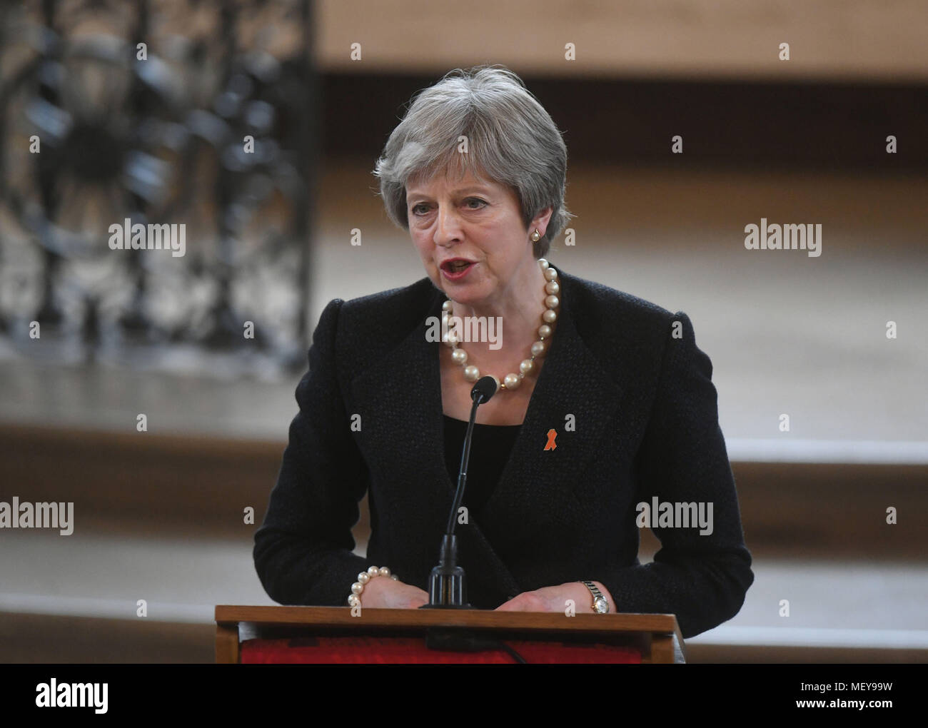 Prime Minister Theresa May speaking during the memorial service at St Martin-in-the-Fields in Trafalgar Square, London to commemorate the 25th anniversary of the murder of Stephen Lawrence. Stock Photo