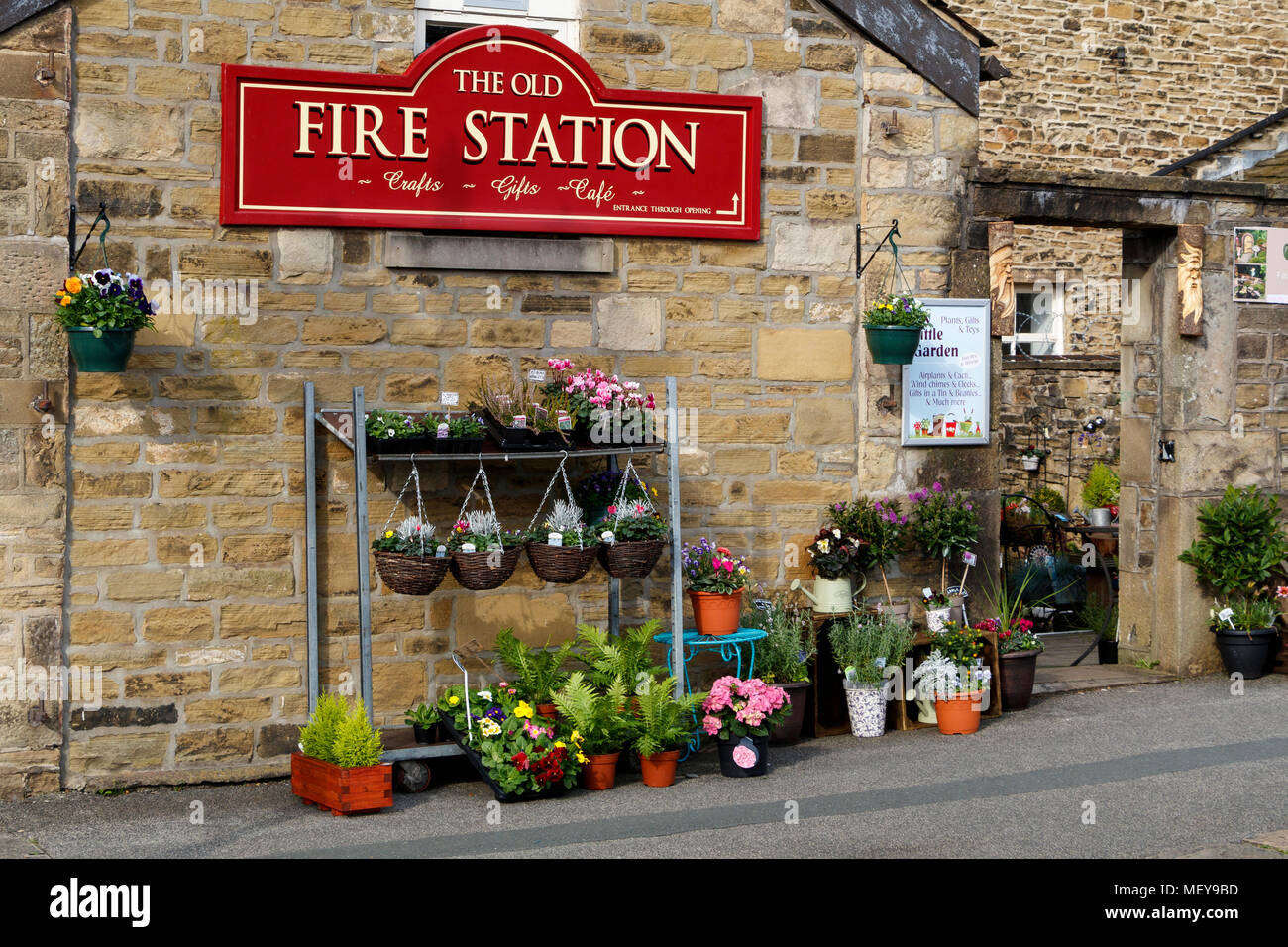 The Old Fire Station in Skipton, North Yorkshire, UK. Now a multi-retailer facility including garden nursey and Cafe. Stock Photo