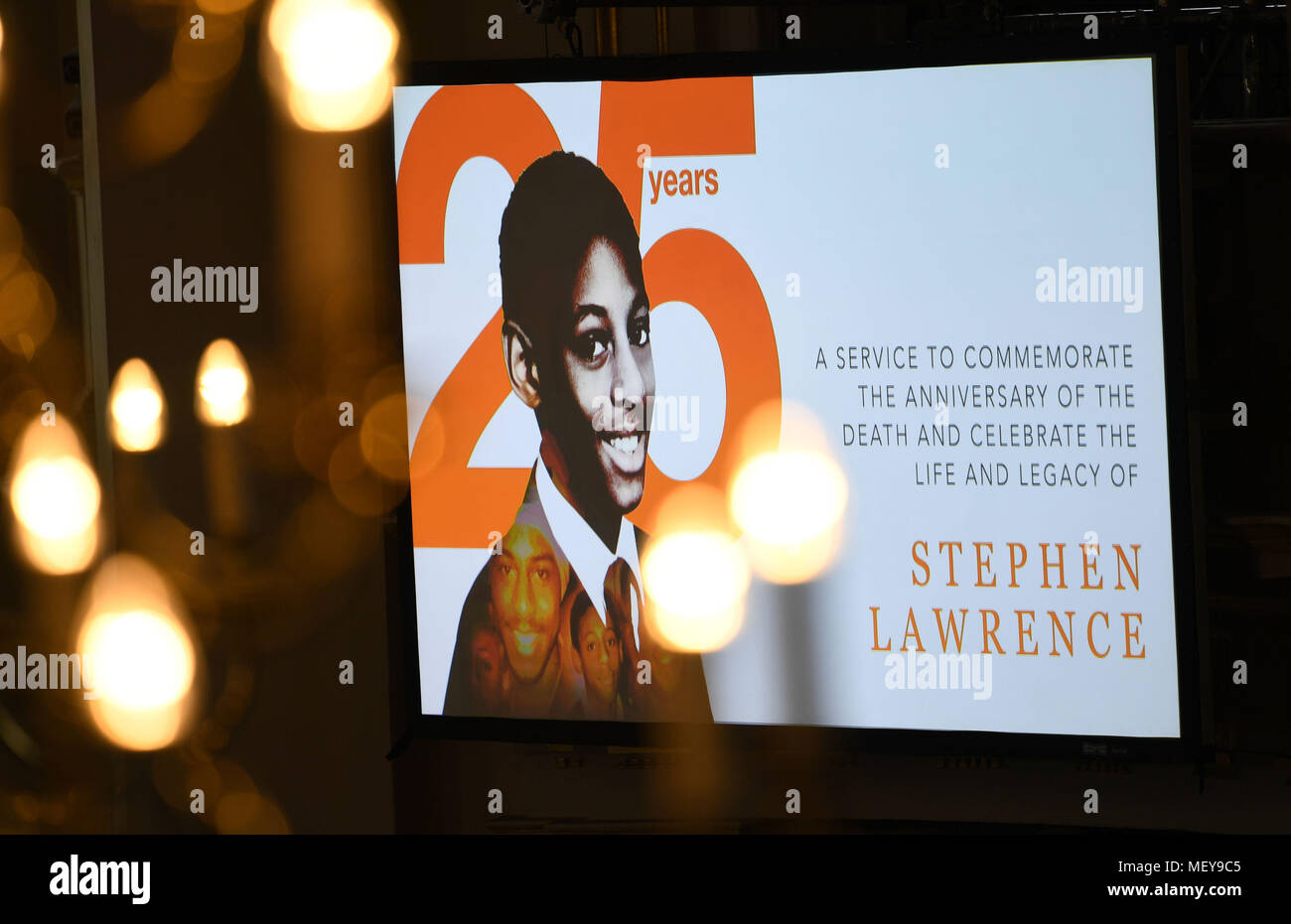 A picture of Stephen Lawrence is shown on a video screen during the memorial service at St Martin-in-the-Fields in Trafalgar Square, London to commemorate the 25th anniversary of his murder. Stock Photo