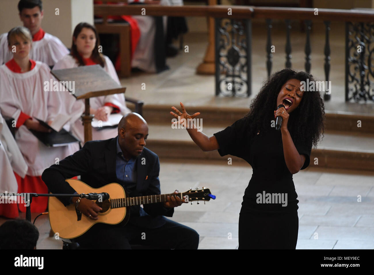 Beverley Knight singing during the memorial service at St Martin-in-the-Fields in Trafalgar Square, London to commemorate the 25th anniversary of the murder of Stephen Lawrence. Stock Photo