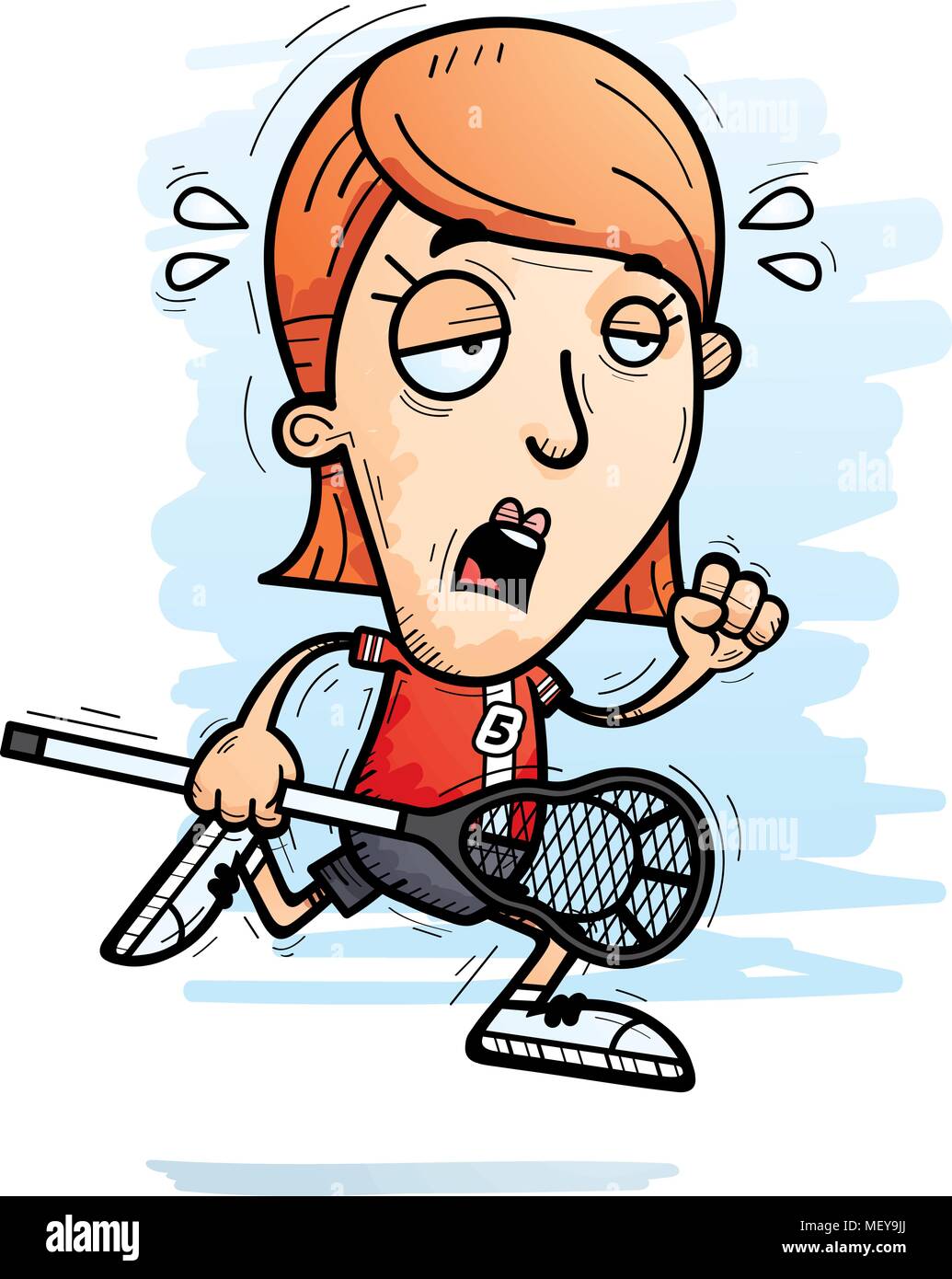 A cartoon illustration of a woman lacrosse player running and looking