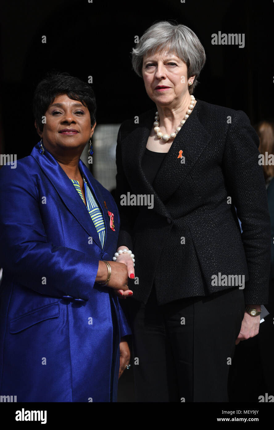 Baroness Lawrence and Prime Minister Theresa May after attending a memorial service at St Martin-in-the-Fields in Trafalgar Square, London to commemorate the 25th anniversary of the murder of Stephen Lawrence. Stock Photo