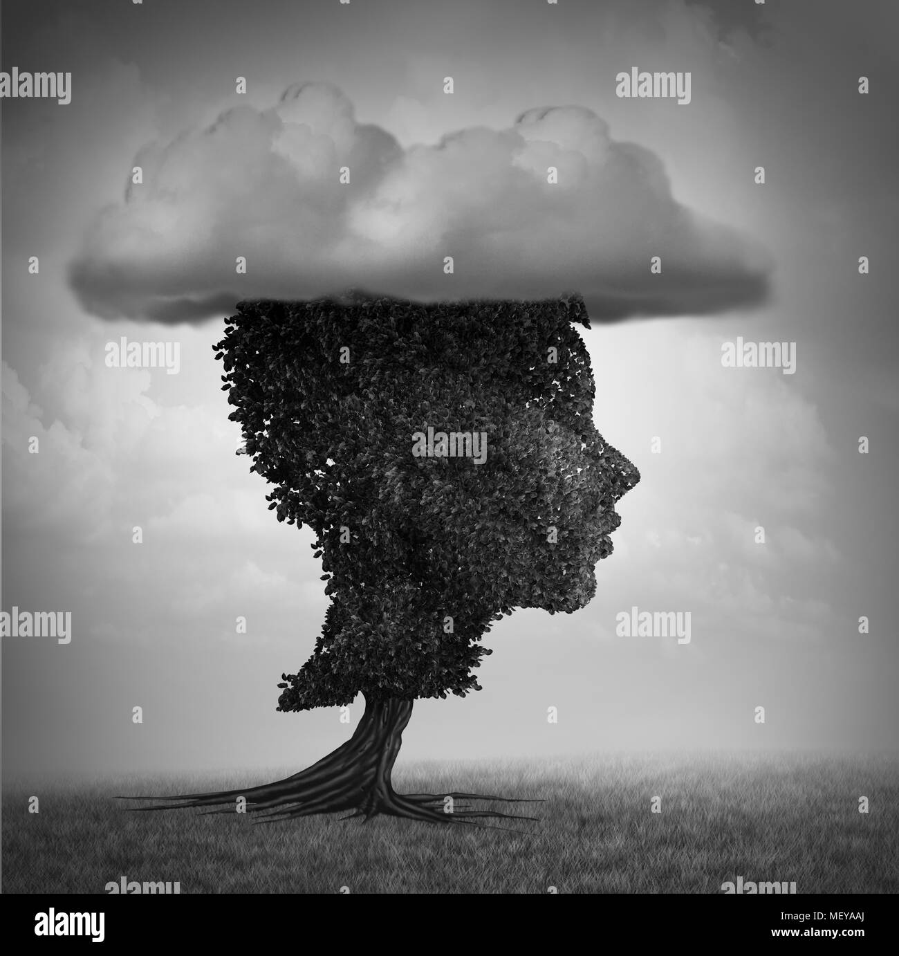 Psychology of child depression and childhood sorrow concept as a deprerssed kid shaped as a tree with a cloud as a psychological. Stock Photo