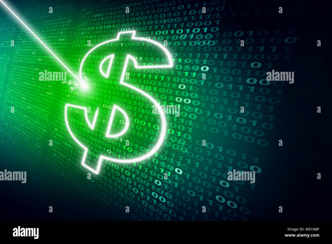 Financial data abstract technology background as a laser writing a dollar sign on digital code as an internet banking or investing finance. Stock Photo
